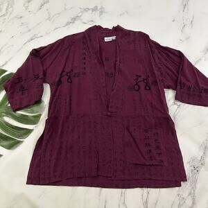 Meng Design Womens Kimono Style Top Size M Purple Black Asian Inspired Open